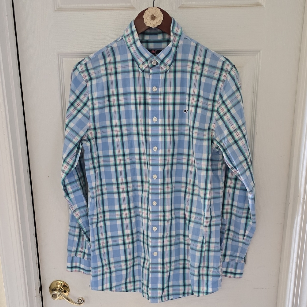 Vineyard Vines Boys Blue and Green Plaid Shirt- Size XL